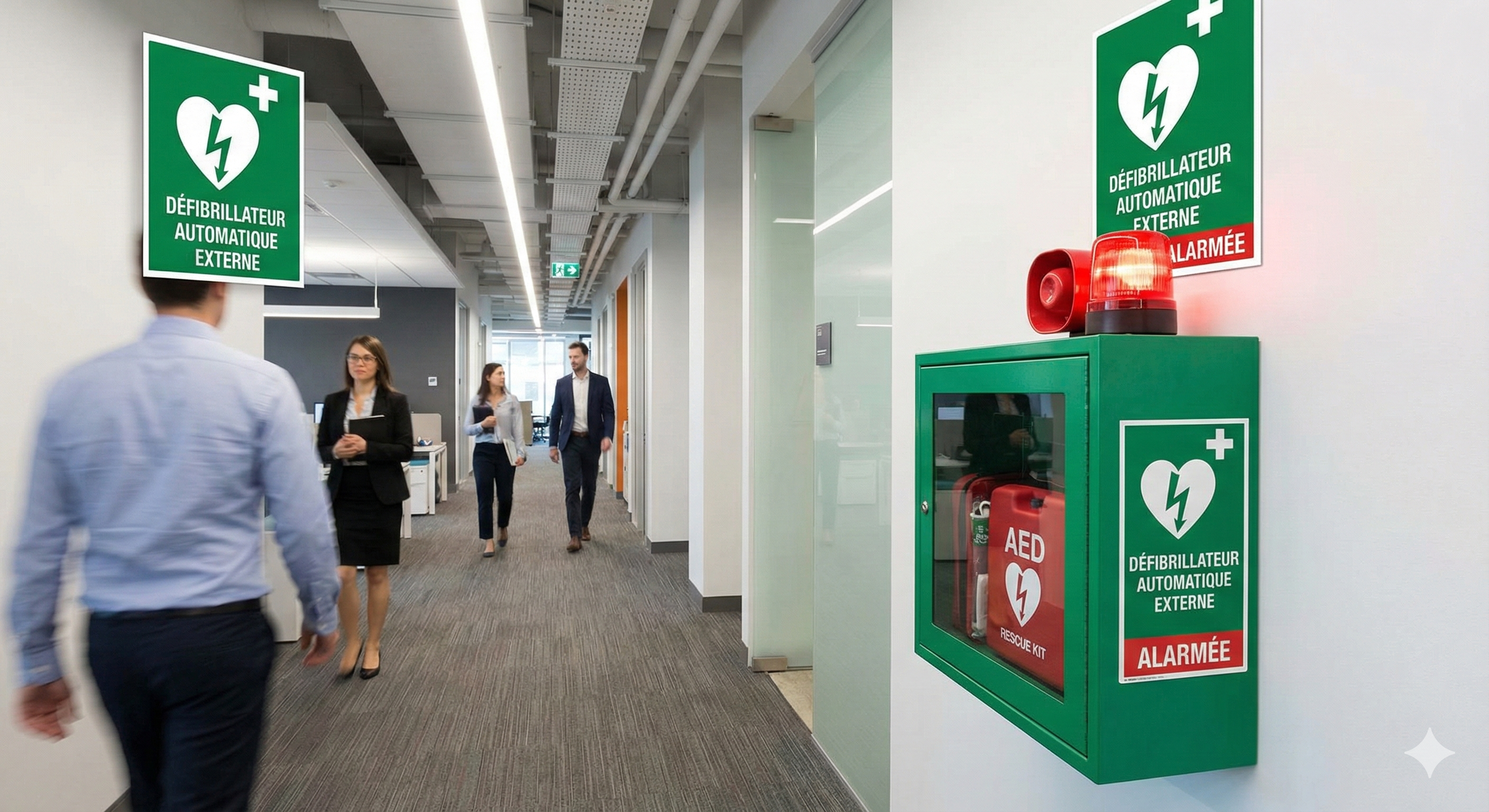 Armoire défibrillateur murale verte avec alarme et signalétique normalisée installée dans un couloir d'entreprise